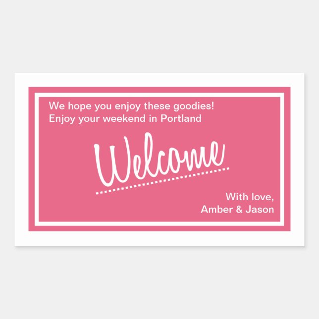 Pink Lucky In Love Welcome Basket Wedding Rectangular Sticker (Front)