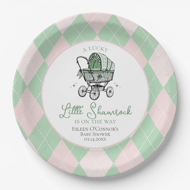 Pink Lucky Little Shamrock St Patricks Baby Shower Paper Plate (Front)
