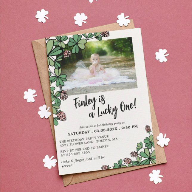 Pink Lucky One Four Leaf Clover 1st Birthday Party Invitation (Creator Uploaded)