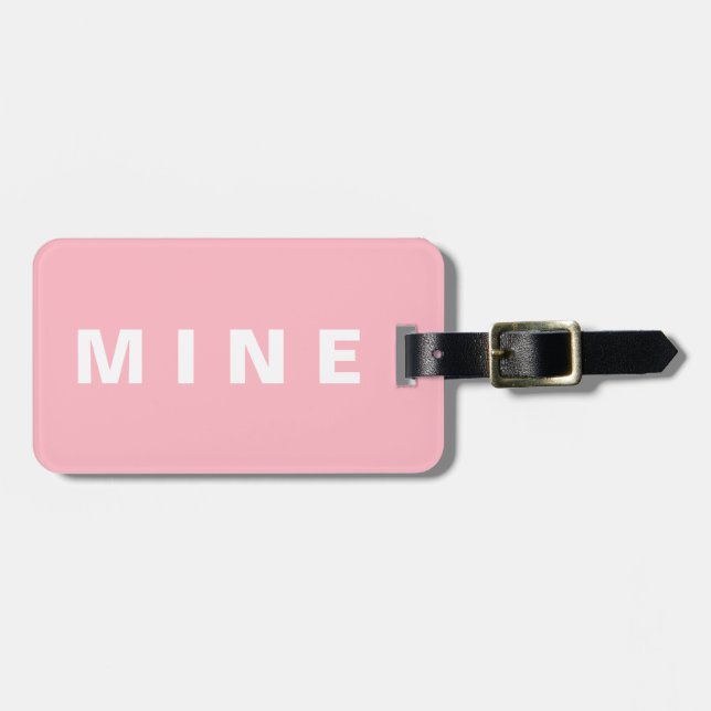 Pink luggage tag with 'Mine' written on it (Front Horizontal)