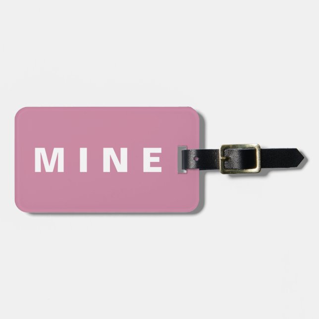 Pink luggage tag with 'Mine' written on it (Front Horizontal)