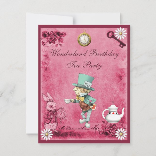 Pink Mad Hatter Wonderland Birthday Tea Party Invitation (Front)