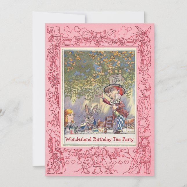 Pink Mad Hatter's Wonderland Birthday Tea Party Invitation (Front)