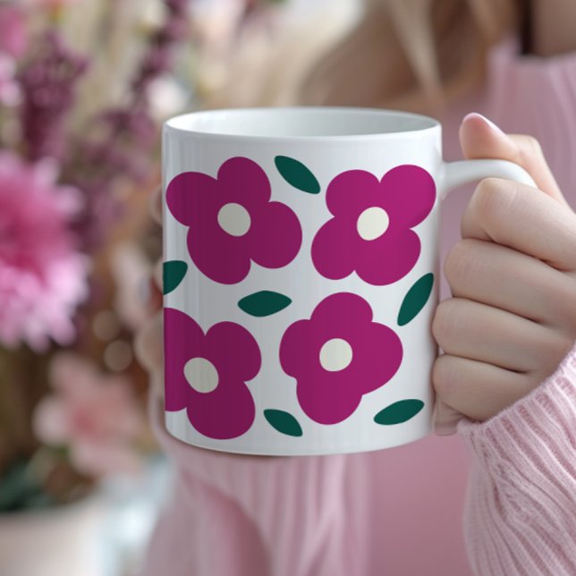 Pink Magenta Abstract Retro Flower Pattern Coffee Mug (bold magenta abstract flower coffee mug, popping colors, large flowers)