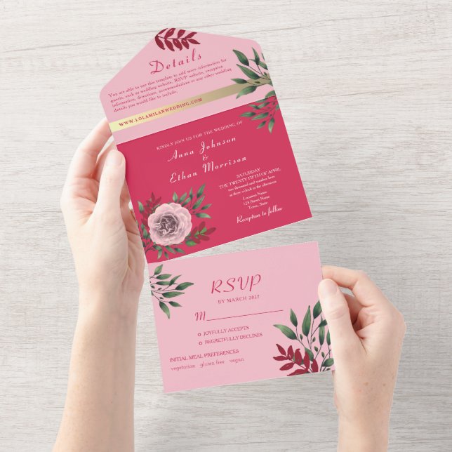 Pink Magenta All-in-One Wedding Invite + Photo (Tearaway)