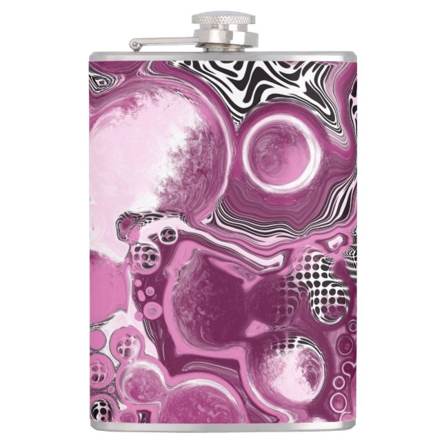 Pink, Magenta and Black Fluid Art Pour Painting  Hip Flask (Front)