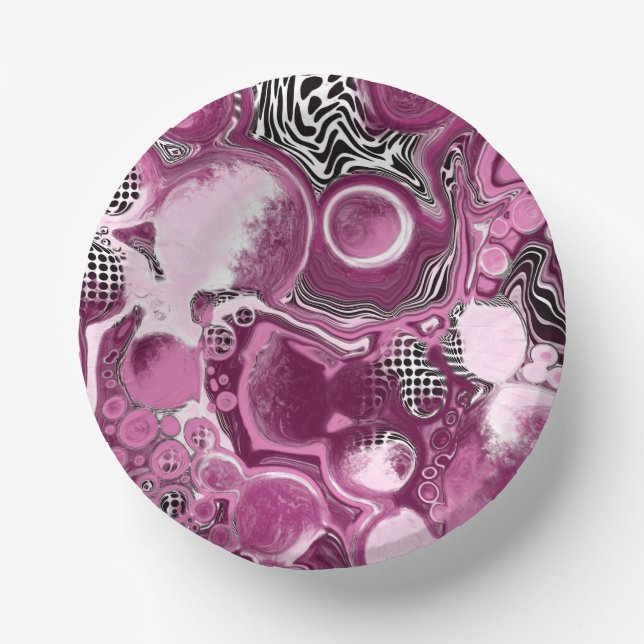 Pink, Magenta and Black Fluid Art Pour Painting  Paper Plate (Front)