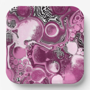 Pink, Magenta and Black Fluid Art Pour Painting  Paper Plate