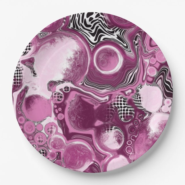 Pink, Magenta and Black Fluid Art Pour Painting Paper Plate (Front)