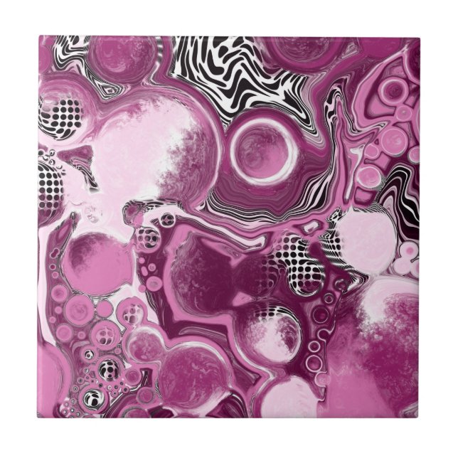 Pink, Magenta and Black Fluid Art Pour Painting Tile (Front)