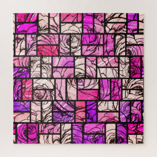 Pink Magenta Black Rose Stained Glass Look Jigsaw Puzzle