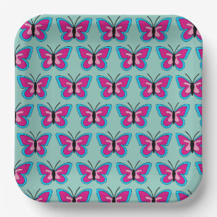 Pink Magenta Blue Butterfly Paper Plate