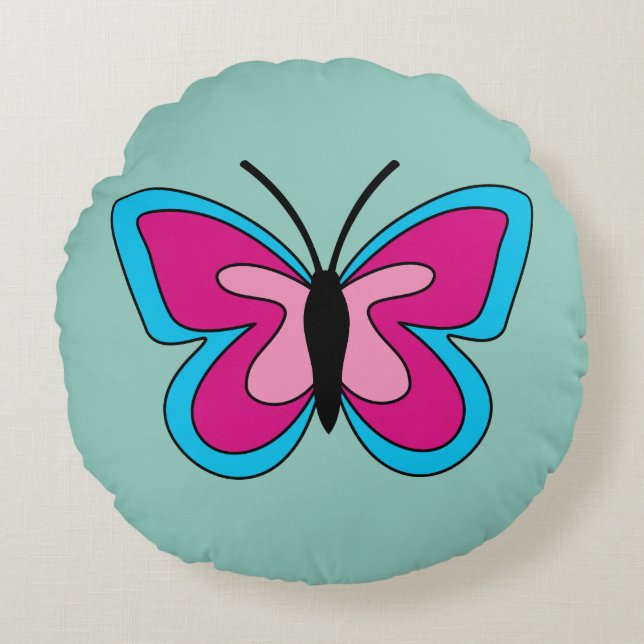 Pink Magenta Blue Butterfly Round Cushion (Front)