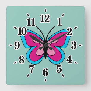 Pink Magenta Blue Butterfly Square Wall Clock