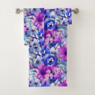 Pink Magenta Blue Floral Pattern Bath Towel Set