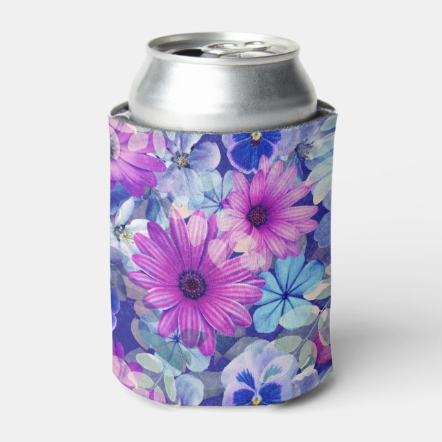 Pink Magenta Blue Floral Pattern Can Cooler (Can Front)