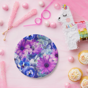 Pink Magenta Blue Floral Pattern  Paper Plate