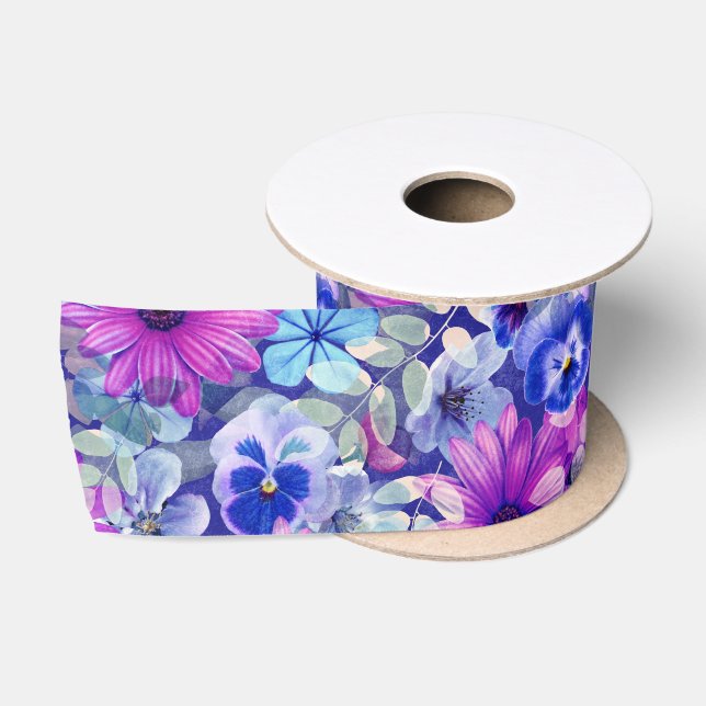 Pink Magenta Blue Floral Pattern Satin Ribbon (Spool)