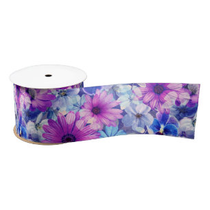 Pink Magenta Blue Floral Pattern  Satin Ribbon