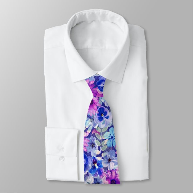 Pink Magenta Blue Floral Pattern Tie (Tied)