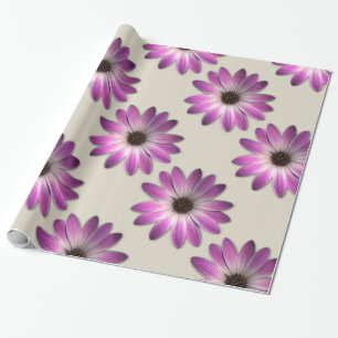 Pink Magenta Daisy on Cream Leather Print Wrapping Paper