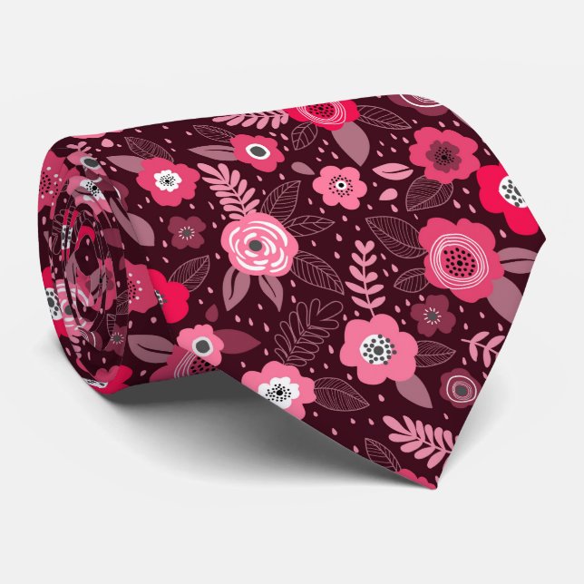 Pink magenta elegant ditsy floral pattern tie (Rolled)