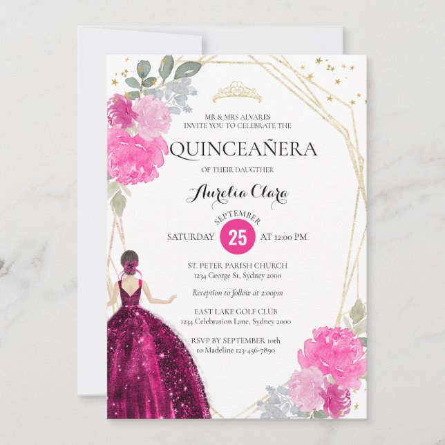 Pink Magenta Floral Geometric Photo Quinceañera Invitation (Front)