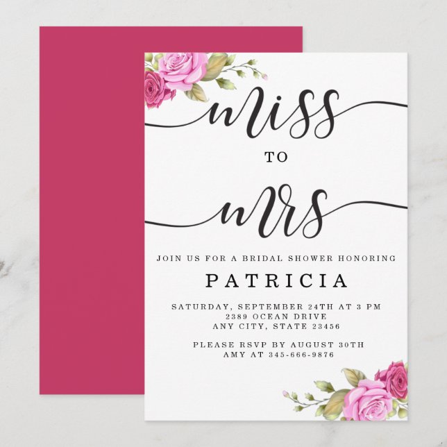 Pink Magenta Floral Miss to Mrs Bridal Shower Invitation (Front/Back)