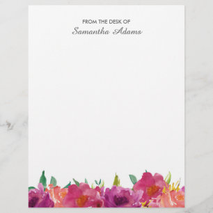 Pink Magenta Flowers Watercolor Notes Custom Letterhead