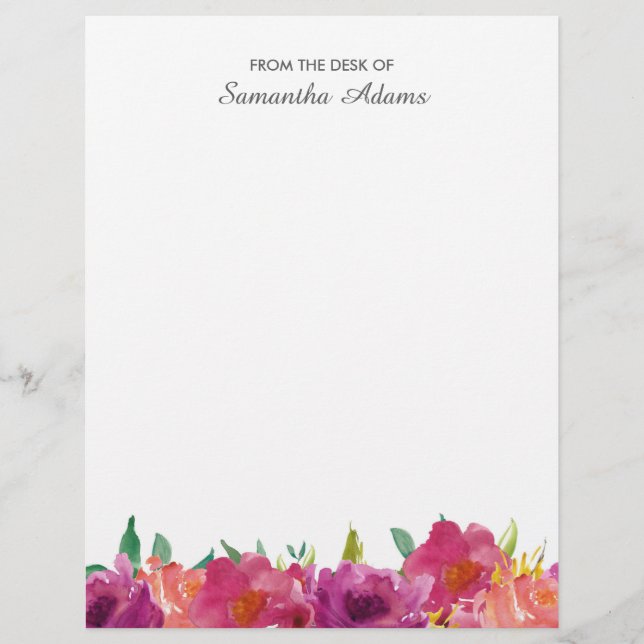 Pink Magenta Flowers Watercolor Notes Custom Letterhead (Front)