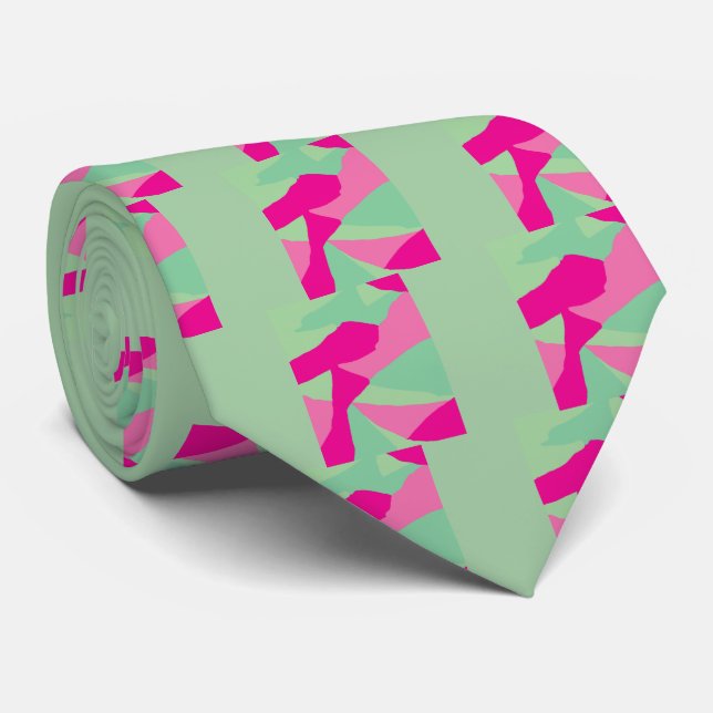 Pink Magenta Green and Mint Green Abstract Art Tie (Rolled)