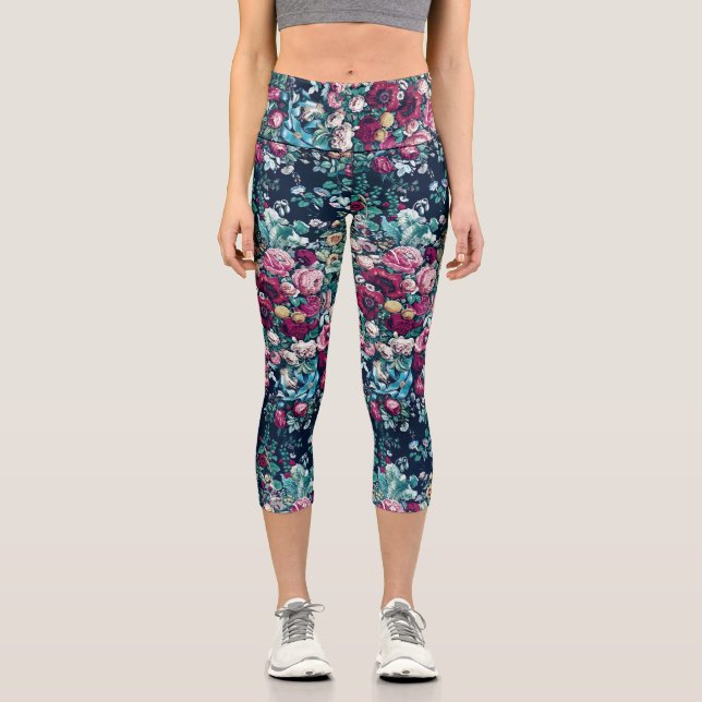 Pink Magenta Green Blue Teal Peony & Rose Flowers Capri Leggings (Front)