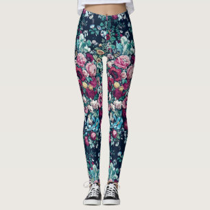 Pink Magenta Green Blue Teal Peony & Rose Flowers Leggings