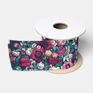 Pink Magenta Green Blue Teal Peony & Rose Flowers Satin Ribbon