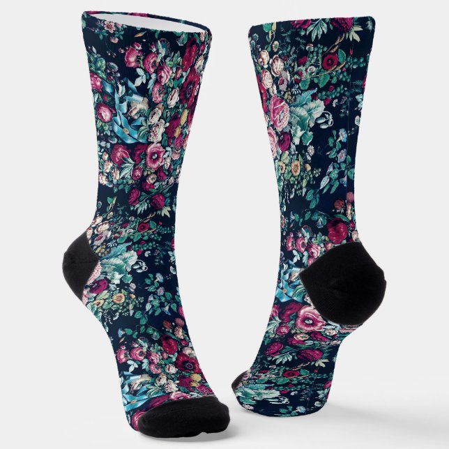 Pink Magenta Green Blue Teal Peony & Rose Flowers Socks (Angled)
