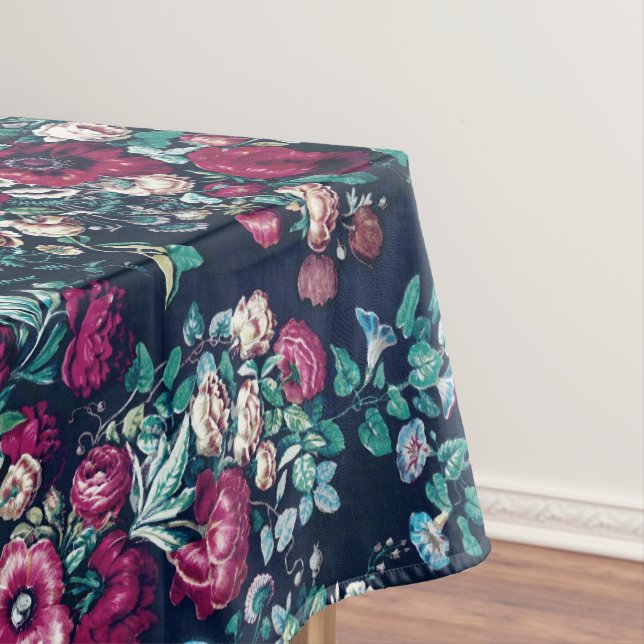 Pink Magenta Green Blue Teal Peony & Rose Flowers Tablecloth (In Situ)