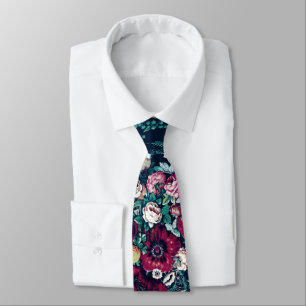 Pink Magenta Green Blue Teal Peony & Rose Flowers Tie