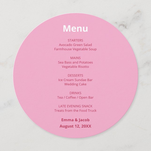 Pink Magenta Modern Wedding Round Menu (Front)