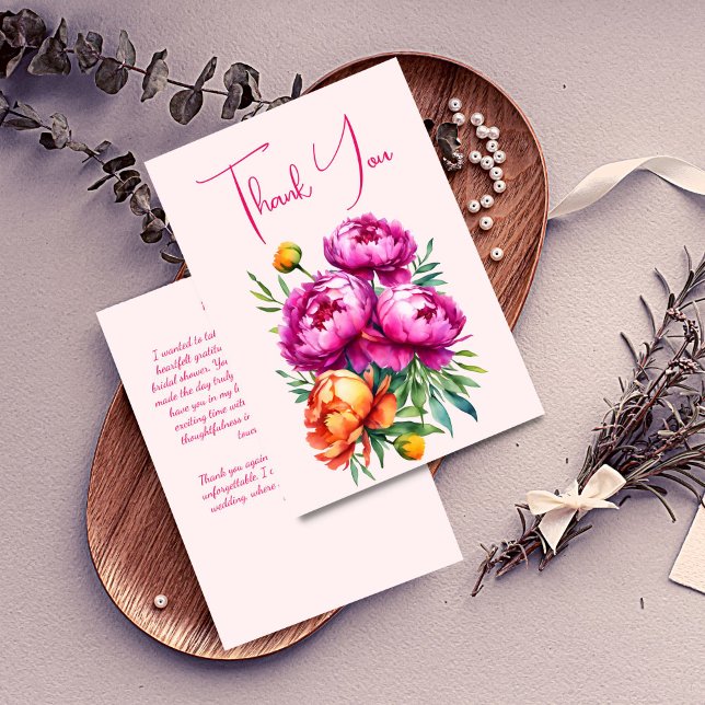 Pink magenta peach peonies elegant bridal shower thank you card (Pink magenta peach peonies elegant bridal shower thank you card spring summer bold colorful floral)