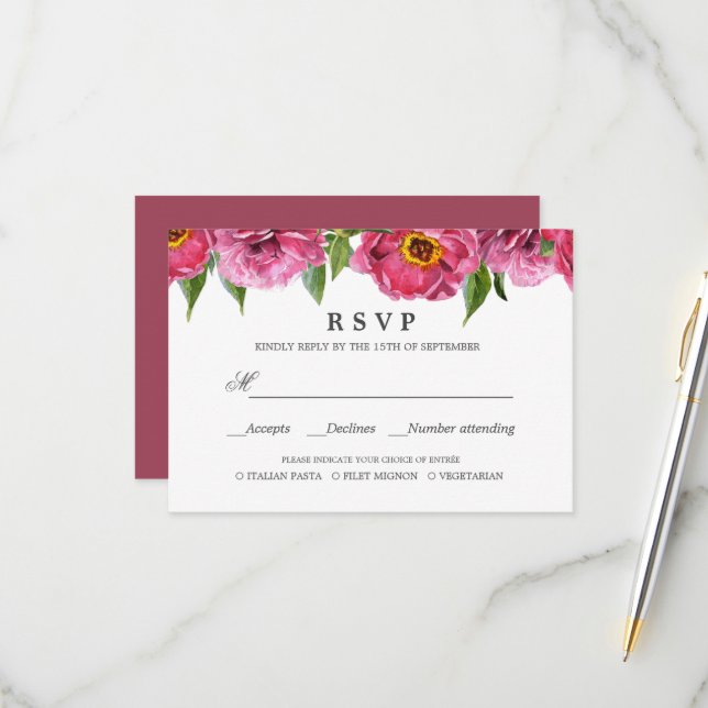 Pink Magenta Peonies WEDDING RSVP MEAL CHOICE (Front/Back In Situ)