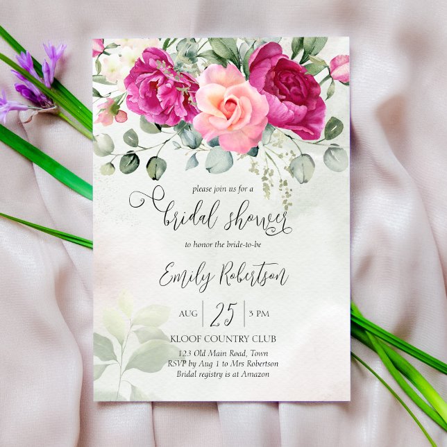 Pink magenta peony roses eucalyptus greenery invitation (Creator Uploaded)