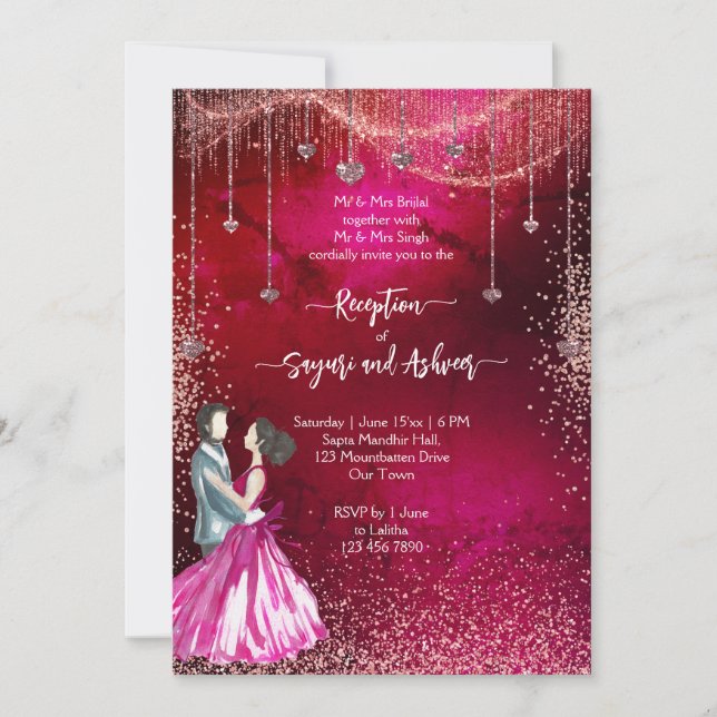 Pink magenta rose gold glitter wedding reception invitation (Front)