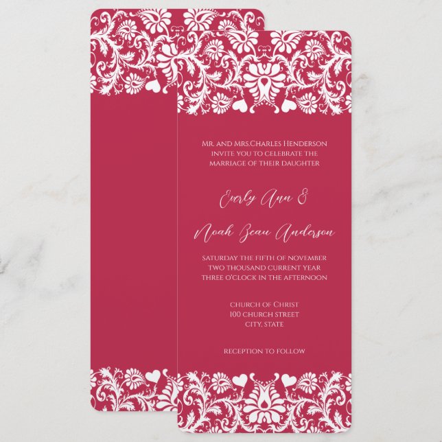 Pink Magenta Victorian Floral Damask Wedding  Invitation (Front/Back)