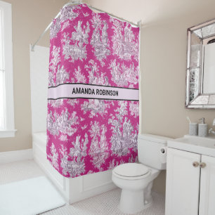 Pink Magenta Vintage Toile de Jouy Floral Monogram Shower Curtain