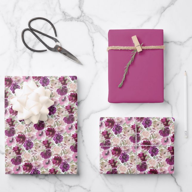 Pink Magenta Watercolor Floral Wrapping Paper Sheet (Front)