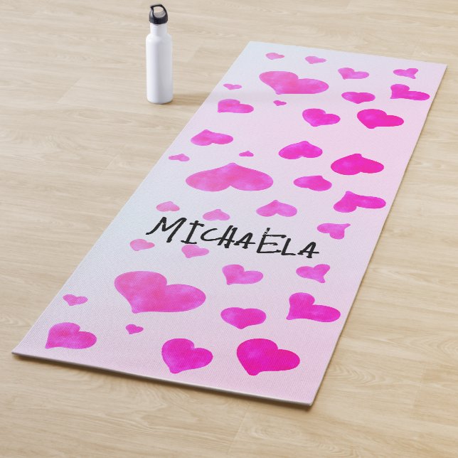 Pink magenta watercolor hearts pattern Your name Yoga Mat (In Situ)