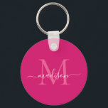 Pink Magenta White Monogram Name Modern Script Key Ring<br><div class="desc">Simple Pink Magenta White Monogram Elegant Modern Script Keychain</div>