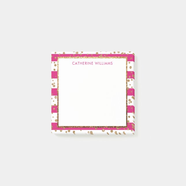 Pink Magenta White Stripe Gold Glitter Confetti Post-it Notes (Front)