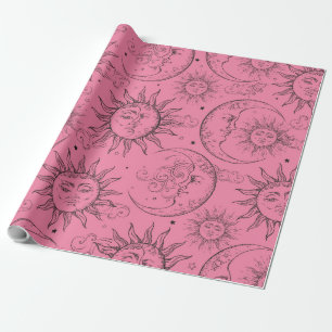 Pink Magic Vintage Celestial Sun Moon Stars Wrapping Paper