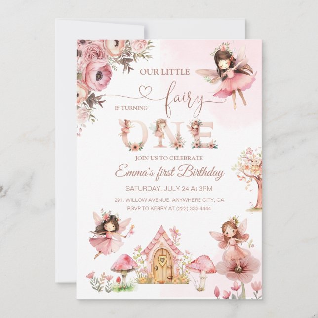 Pink Magical Fairy Princess First Birthday Party Invitation (Front)